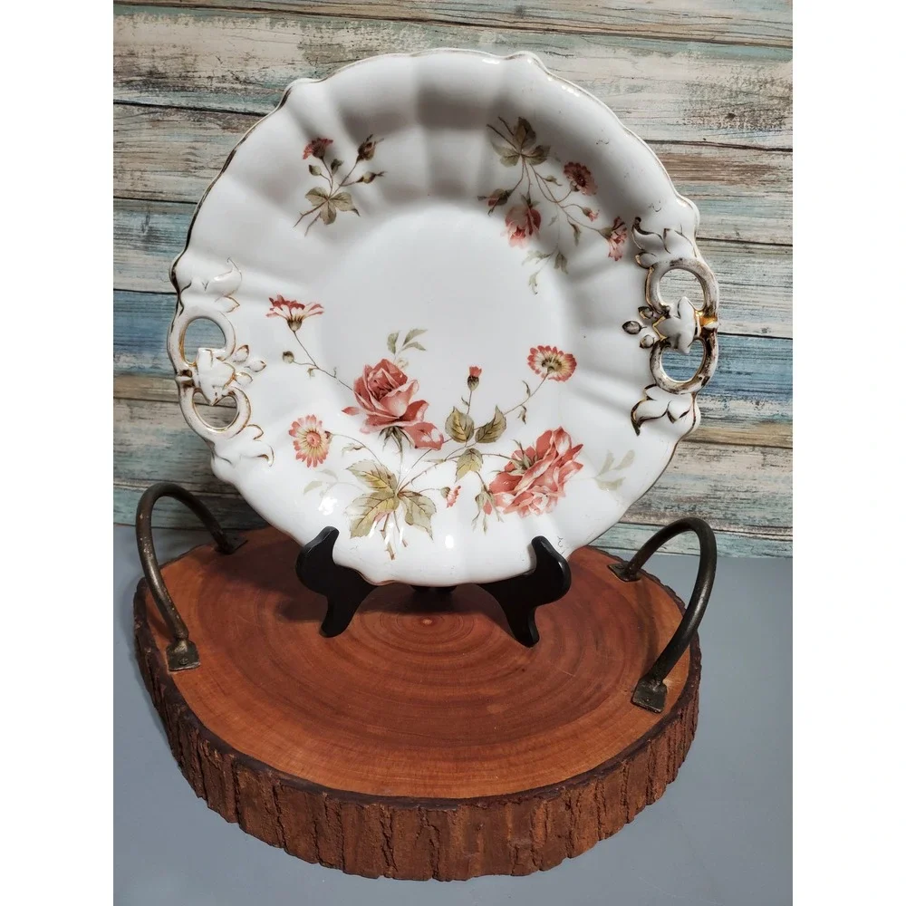 Vintage Rose Floral‎ German Porcelain Serving Tray Plate Gold Gilt Handles